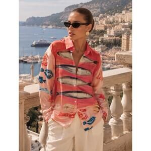 Nice To Meet You Linen Coastal Monte Carlo Fish Print Button Up Shirt Oversized